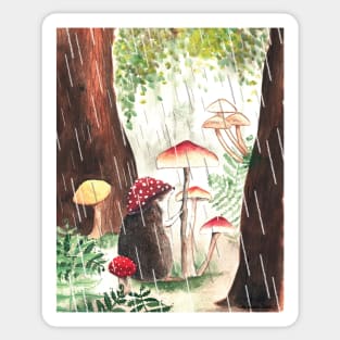 Hedgehog With Toadstool Hat On A Rainy Day Sticker